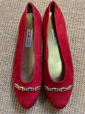 Talbots Red Suede Jeweled Chain Flats